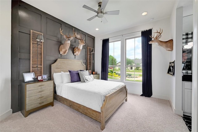 125 Reataway Dr, Dripping Springs, TX 78620 - bedroom with light carpet, recessed lighting, baseboards, and a ceiling fan
