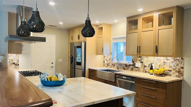 4807 Gerona Dr, Austin, TX 78759 - kitchen with appliances with stainless steel finishes, decorative backsplash, glass insert cabinets, pendant lighting, and recessed lighting