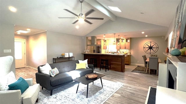 4807 Gerona Dr, Austin, TX 78759 - living room featuring light wood finished floors, recessed lighting, beam ceiling, a ceiling fan, and high vaulted ceiling