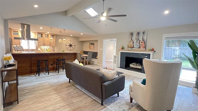 4807 Gerona Dr, Austin, TX 78759 - living room with ceiling fan, light wood-type flooring, recessed lighting, and a high end fireplace