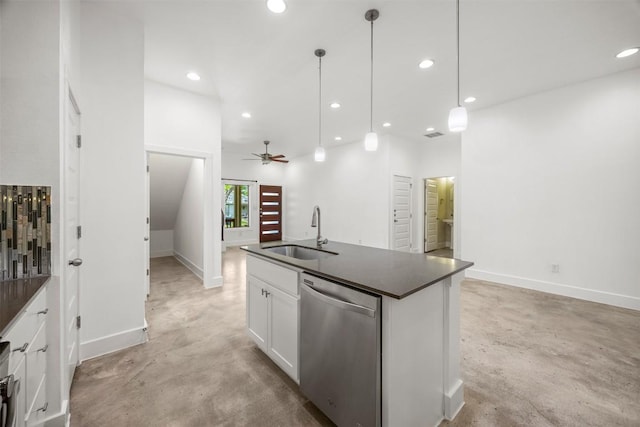 2011 Haskell St Unit A, Austin, TX 78702 - kitchen with dishwasher, a sink, dark countertops, concrete floors, and ceiling fan