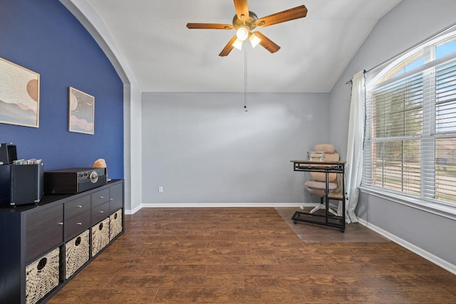 1416 Muddy Waters Dr, Pflugerville, TX 78660 - living area featuring a ceiling fan, wood finished floors, and lofted ceiling
