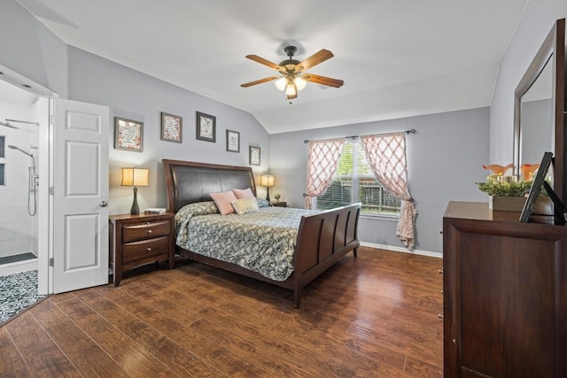 1416 Muddy Waters Dr, Pflugerville, TX 78660 - bedroom featuring dark wood-style floors, lofted ceiling, and a ceiling fan