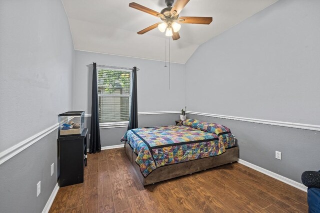1416 Muddy Waters Dr, Pflugerville, TX 78660 - bedroom with wood finished floors, lofted ceiling, and a ceiling fan