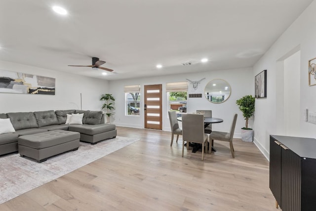 5800 Marilyn Dr, Austin, TX 78757 - living room featuring ceiling fan, recessed lighting, light wood-style floors, and baseboards