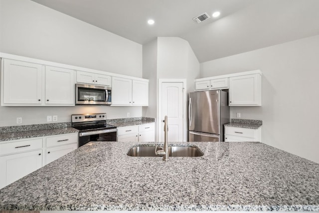 206 N Winston Dr, Fredericksburg, TX 78624 - kitchen featuring white cabinets, lofted ceiling, stainless steel appliances, and a sink