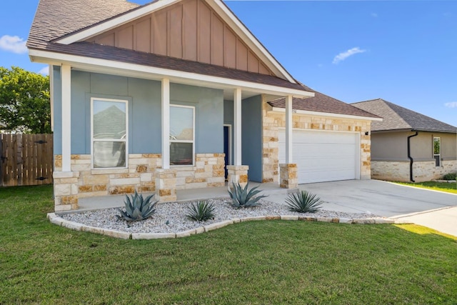 206 N Winston Dr, Fredericksburg, TX 78624 - craftsman inspired home with stone siding, an attached garage, fence, and concrete driveway