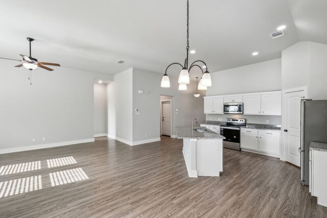 206 N Winston Dr, Fredericksburg, TX 78624 - kitchen with stainless steel appliances, dark wood-style floors, a sink, baseboards, and ceiling fan with notable chandelier