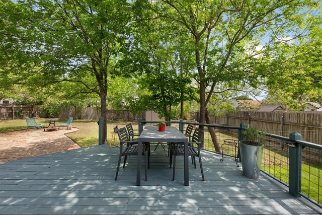12511 Tree Line Dr, Austin, TX 78729 - view of patio / terrace featuring a wooden deck, a fenced backyard, and outdoor dining space