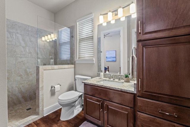 bathroom with walk in shower, wood finished floors, vanity, and toilet