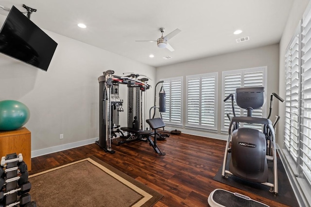 workout room with visible vents, ceiling fan, and a healthy amount of sunlight