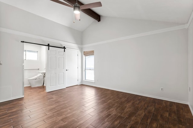 11525 Spring Hill Dr, Austin, TX 78753 - unfurnished bedroom with a barn door, multiple windows, beamed ceiling, dark wood-style flooring, and high vaulted ceiling