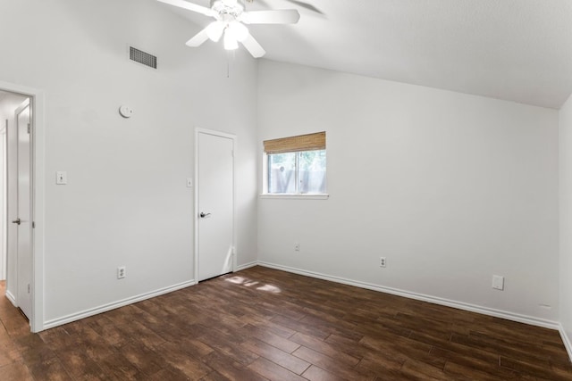 11525 Spring Hill Dr, Austin, TX 78753 - unfurnished bedroom with wood finished floors, baseboards, high vaulted ceiling, and a ceiling fan