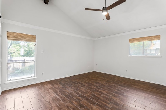 11525 Spring Hill Dr, Austin, TX 78753 - unfurnished room featuring a ceiling fan, plenty of natural light, vaulted ceiling, ornamental molding, and baseboards
