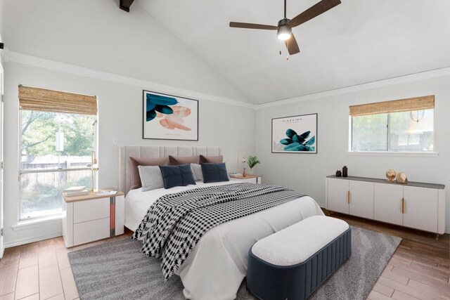 11525 Spring Hill Dr, Austin, TX 78753 - bedroom featuring multiple windows, ornamental molding, wood finished floors, high vaulted ceiling, and a ceiling fan