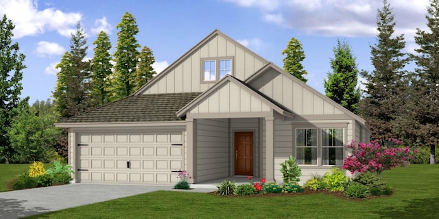 101 Wild Sage Ln, Liberty Hill, TX 78642 - view of front of house featuring board and batten siding, concrete driveway, a shingled roof, an attached garage, and a front yard