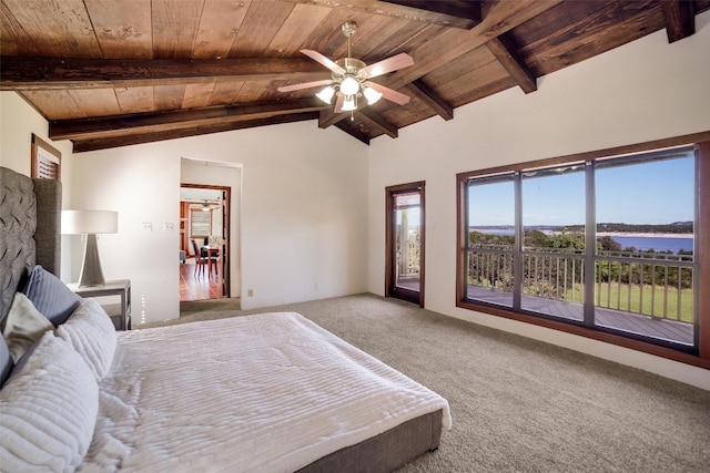 bedroom featuring a water view, carpet floors, wood ceiling, lofted ceiling with beams, and ceiling fan