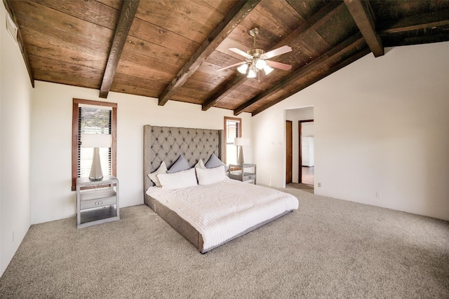 carpeted bedroom featuring vaulted ceiling with beams, wooden ceiling, and a ceiling fan