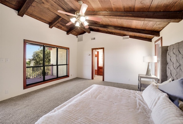 carpeted bedroom with wooden ceiling, lofted ceiling with beams, and visible vents