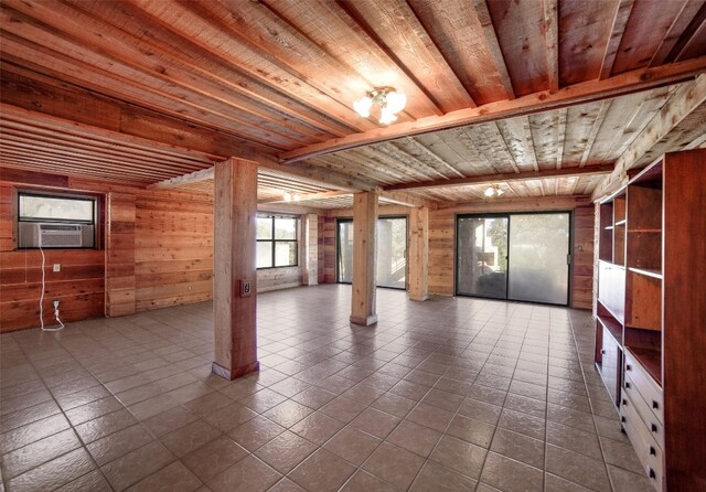 basement with wooden ceiling, wood walls, and cooling unit