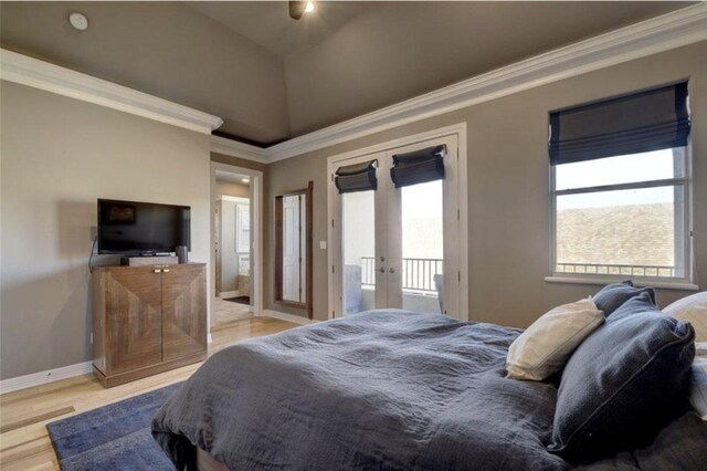 1621 Enfield Rd Unit B, Austin, TX 78703 - bedroom with french doors, light wood-style floors, access to outside, and ornamental molding
