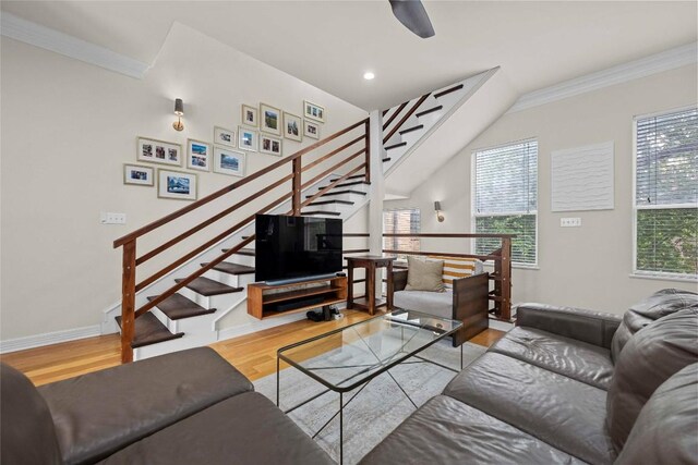 1621 Enfield Rd Unit B, Austin, TX 78703 - living area with wood finished floors, ornamental molding, stairs, and ceiling fan
