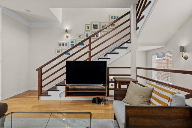 1621 Enfield Rd Unit B, Austin, TX 78703 - living room with wood finished floors, stairs, and ornamental molding