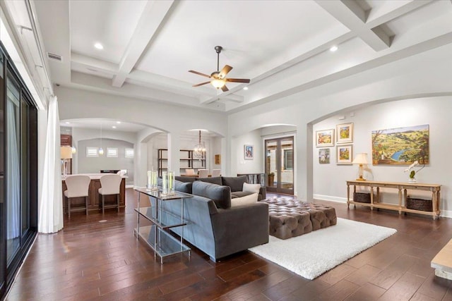 205 Bisset Ct, Austin, TX 78738 - living room with arched walkways, ceiling fan, beamed ceiling, coffered ceiling, and recessed lighting