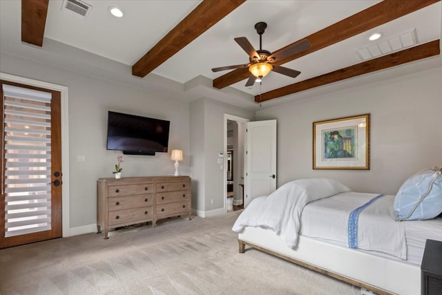 205 Bisset Ct, Austin, TX 78738 - bedroom with beamed ceiling, carpet flooring, recessed lighting, and ceiling fan