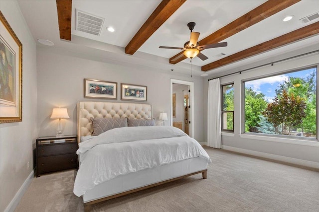 205 Bisset Ct, Austin, TX 78738 - bedroom featuring beam ceiling, carpet, and recessed lighting