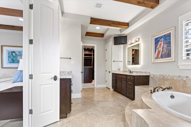 205 Bisset Ct, Austin, TX 78738 - ensuite bathroom with beamed ceiling, vanity, a garden tub, recessed lighting, and coffered ceiling