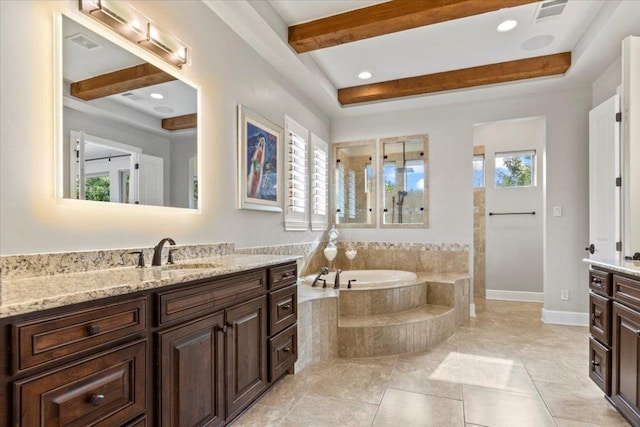 205 Bisset Ct, Austin, TX 78738 - full bathroom featuring vanity, a garden tub, and beam ceiling
