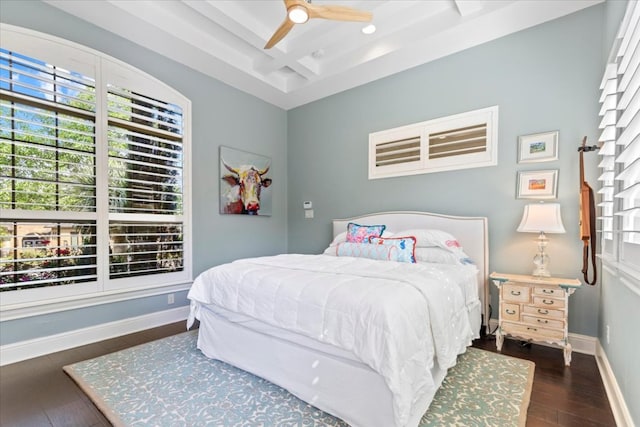 205 Bisset Ct, Austin, TX 78738 - bedroom featuring wood finished floors, beam ceiling, and a ceiling fan