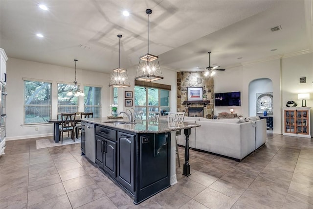 29047 Hobblebush, San Antonio, TX 78260 - kitchen featuring ceiling fan, a stone fireplace, dark cabinetry, a breakfast bar area, and a kitchen island with sink