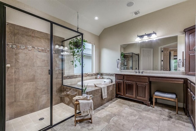 29047 Hobblebush, San Antonio, TX 78260 - bathroom featuring a garden tub, vaulted ceiling, vanity, a shower stall, and recessed lighting