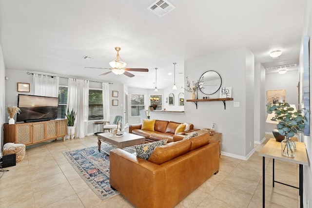 19000 Obed River Dr, Pflugerville, TX 78660 - living room with baseboards, a ceiling fan, visible vents, and light tile patterned flooring