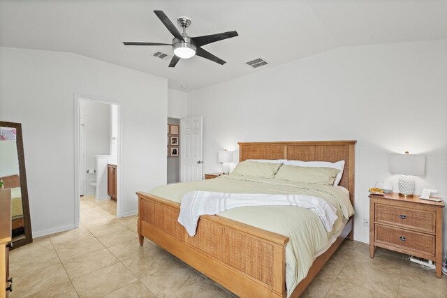 19000 Obed River Dr, Pflugerville, TX 78660 - bedroom featuring ceiling fan, vaulted ceiling, visible vents, and light tile patterned floors