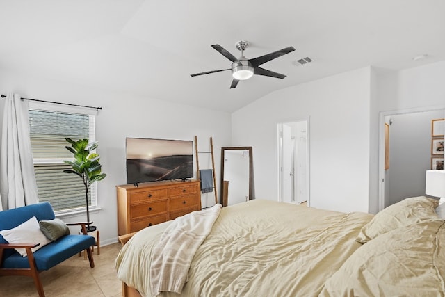 19000 Obed River Dr, Pflugerville, TX 78660 - bedroom with lofted ceiling, a ceiling fan, visible vents, and light tile patterned flooring