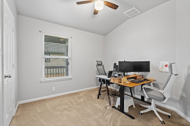 19000 Obed River Dr, Pflugerville, TX 78660 - office with vaulted ceiling, visible vents, baseboards, carpet flooring, and ceiling fan
