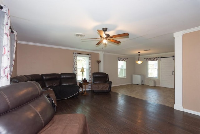 1212 Lake Terrace Dr, Elgin, TX 78621 - living room featuring ceiling fan, ornamental molding, and wood-type flooring