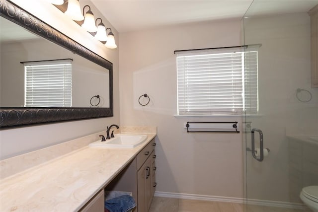 1212 Lake Terrace Dr, Elgin, TX 78621 - full bathroom featuring a shower stall, toilet, vanity, baseboards, and tile patterned flooring