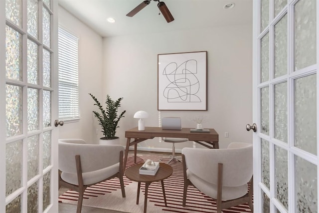 9945 Comely Bnd, Manor, TX 78653 - office featuring plenty of natural light, french doors, ceiling fan, baseboards, and recessed lighting