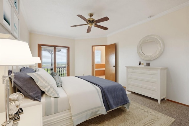 21009 Fawn Ridge Dr, Lago Vista, TX 78645 - bedroom with light colored carpet, ceiling fan, baseboards, and crown molding
