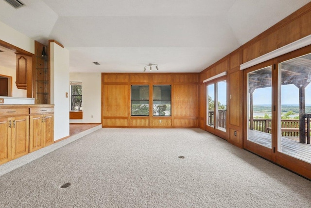 21009 Fawn Ridge Dr, Lago Vista, TX 78645 - unfurnished living room featuring plenty of natural light, visible vents, lofted ceiling, and light colored carpet