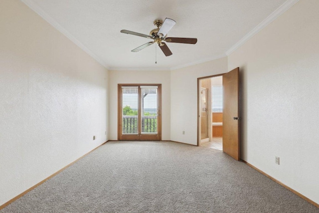 21009 Fawn Ridge Dr, Lago Vista, TX 78645 - spare room featuring crown molding, ceiling fan, light carpet, a textured wall, and baseboards