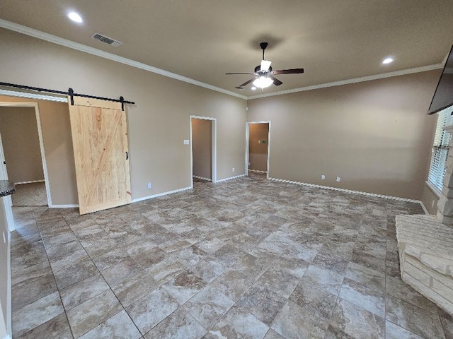 unfurnished bedroom featuring a barn door, baseboards, ornamental molding, visible vents, and recessed lighting