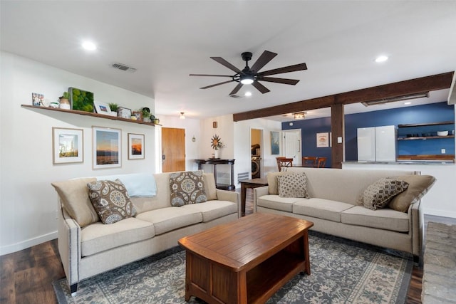 67 Augusta Dr, Wimberley, TX 78676 - living area with wood finished floors, baseboards, ceiling fan, and recessed lighting