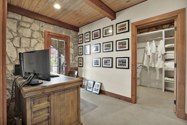 home office featuring wood ceiling, baseboards, carpet flooring, and beam ceiling