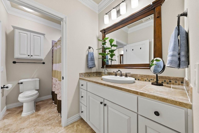 full bathroom with crown molding, baseboards, vanity, and toilet
