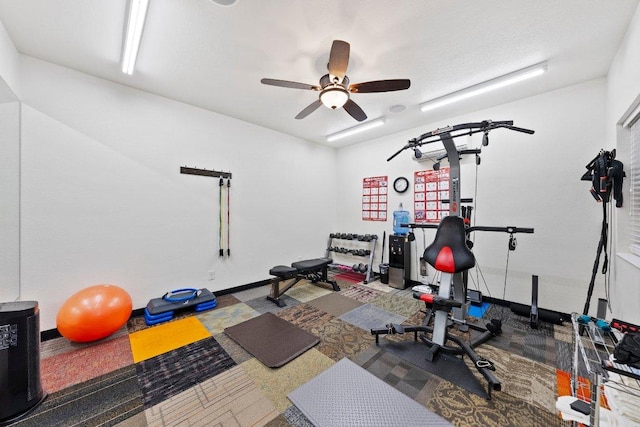 workout room with ceiling fan